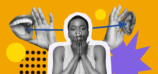 This collage features hands, faces, and ears, expressing different aspects of communication....