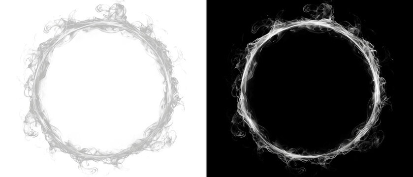 Abstract silver energy ring in light and dark mode, glowing smoke circle frame or magic portal for futuristic technology and minimalist design