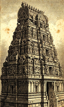 vintage paper engraved illustration of Hindu temple, hindu temple tower