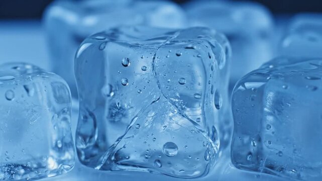 Ice cubes melting, cold water motion closeup