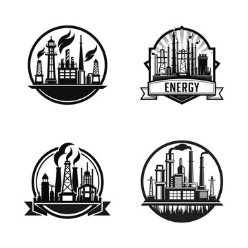 Industrial Energy Logos Set: Power Plant, Factory, and Refinery Emblems for Branding
