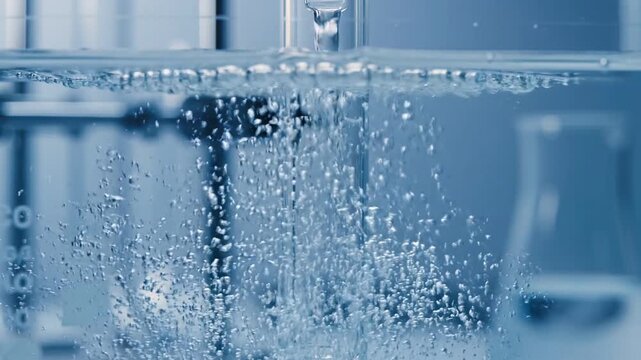Ocean Acidification Research concept. Clear bubbling liquid in a laboratory setting.