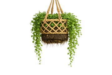 Hanging green plant in wicker basket with trailing vines, fresh foliage growing from soil and exposed roots on transparent background