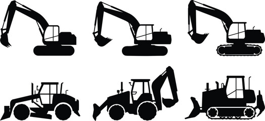 Black excavator and backhoe silhouettes set, construction and earthmoving machinery vehicles collection for excavation, demolition and heavy equipment vector design