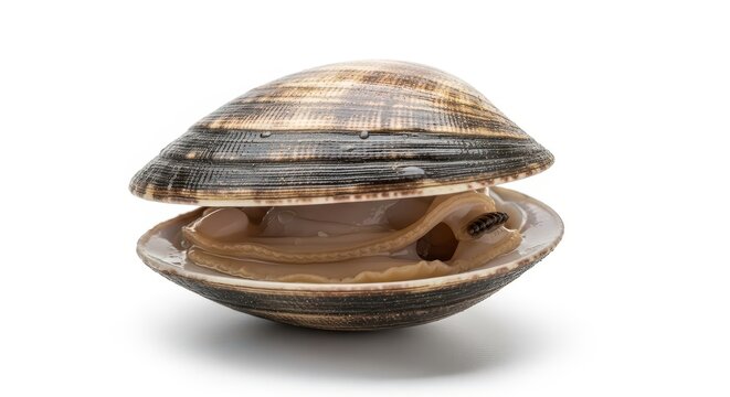 A single fresh raw clam shell isolated against a bright white background, ready for cooking and seafood recipes, recipe, copy space, gourmet