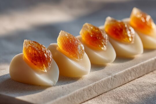 Calisson on white plate, topped with apricot slice, drizzled with golden-orange jam. Concept of rich flavors, sweet almond candy, Provence tradition, French elegance.
