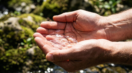 Human hands holding clean spring water in nature, symbol of water conservation and sustainability