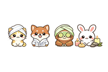 Fototapeta premium Cute Animal Spa Icons Set. Featuring cat, dog, sloth, rabbit, relaxation, wellness, grooming, pampering, candles, towels, herbs.