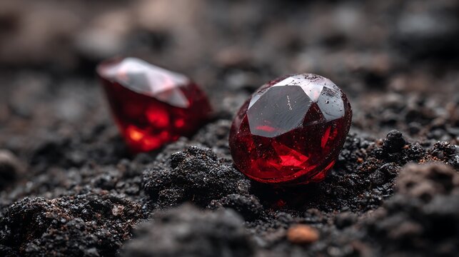 Red faceted gemstones on dark earth