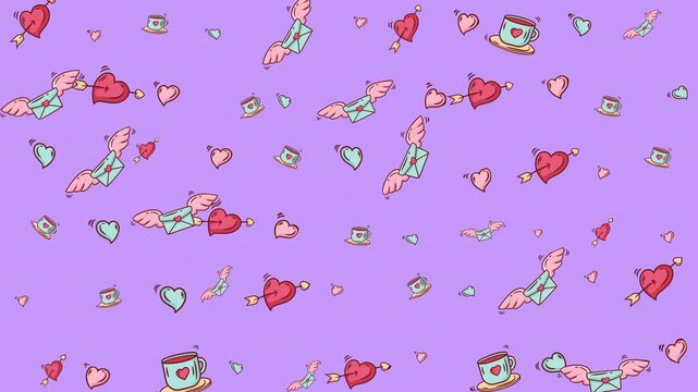 Flying heart, envelope and teacup designs create a delightful pattern on a purple background that is perfect for stationery. Great for greeting cards, gift wrapping