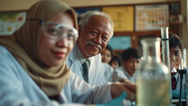 Senior chemistry teacher in laboratory. Elderly professor overseeing students during lesson. Science education concept. Academic environment, learning process, classroom setting.
