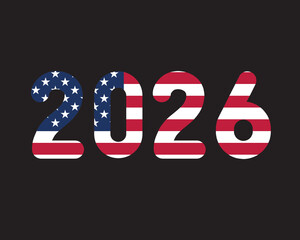 3D 2026 text with American flag inside the text. Vector illustration on white background. USA flag in text. American flag in letters. National emblem. Patriotic illustration.