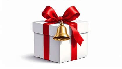 Obraz premium White gift box with red ribbon, golden bell, and red-gold heart and star patterns on white background.