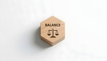 Fototapeta premium Balance Concept with Wooden Hexagon Block and Scales Icon on White Background