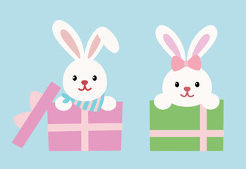 Obraz premium Easter bunny and gift box clipart design set. Cute spring Easter bunny sitting in present box flat vector illustration.