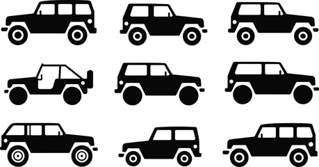 Black off road SUV and jeep silhouettes set, rugged four wheel drive vehicles icons for adventure, travel, transport and automotive vector design © Sihab Creatives