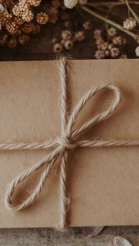 Vertical video: Moving camera over kraft parcel showing jute twine bow on wood table, dried flowers