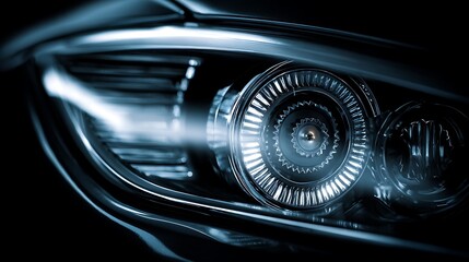 Close-up of a modern car headlight with a bright blue glow on a dark background