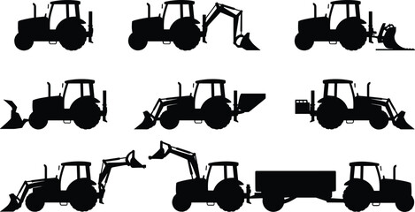 Black tractor and backhoe silhouettes set, agricultural and construction machinery vehicles collection for farming, excavation and heavy equipment vector design icon set © Sihab Creatives