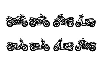 Naklejka premium Motorcycle and Scooter Icon Set. Containing bike, ride, wheels, travel, motorbike, engine, speed, urban, transport, maneuver, handlebars, throttle, two-wheeler, cruiser, gear,
