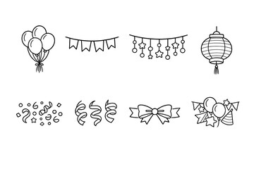 Celebration and party icon set. Containing balloons, banners, lanterns, stars, confetti, ribbons, bows, and party hats.