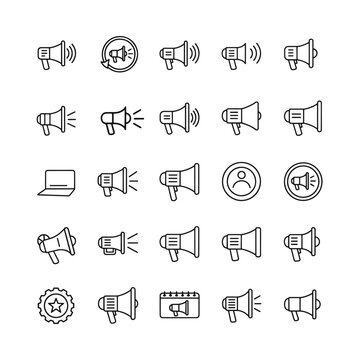 Collection of black and white megaphone in various styles and outline communication