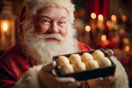 Elderly man dressed as Santa Claus, holding black box filled with Calisson cookies, smiling warmly. Concept of holiday cheer with almond candy Provence French traditional treats