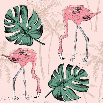 Tropical pink flamingo, green monstera leaves, palm trees silhouettes, blush background. Vector seamless pattern. Floral illustration. Exotic plants, birds. Summer beach design. Paradise nature