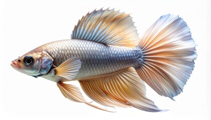 Fototapeta premium Beautiful Siamese fighting fish, Betta splendens, with elegant long fins in shades of gold and blue. Aquatic pet concept, studio shot of a single freshwater fish isolated on a white background.