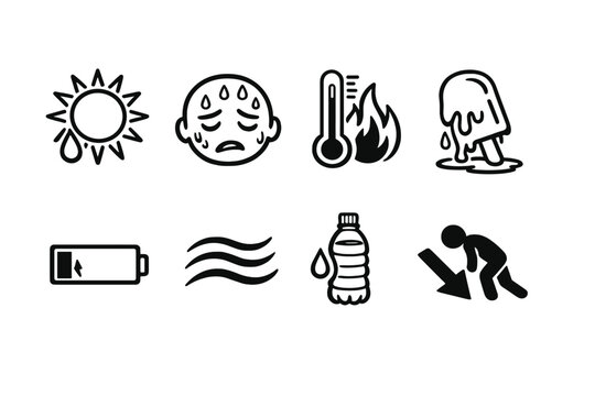 Weather and climate icon set. Containing sun, temperature, sweat, heat, water, dehydration, humidity, battery, and more.