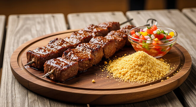 Espetinho de carne (beef skewer) grilled and glistening, served on a wooden round plate with farofa and vinaigrette on the side. Scene placed over a wooden picnic-style table