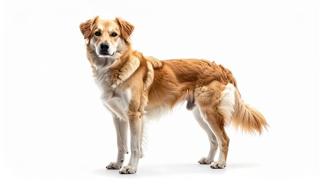 A beautiful mixed-breed dog with fluffy golden and white fur standing in a full-body pose, looking directly at the camera. This adorable canine companion is isolated on a clean white background.