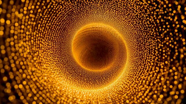 Golden circular particle vortex forming illuminated tunnel pattern on dark background
