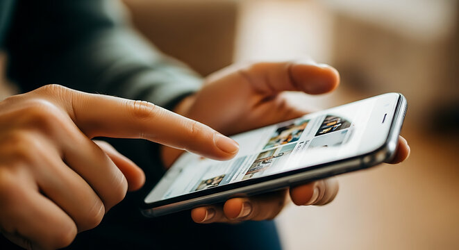 Person scrolling through photo gallery on a smartphone.
