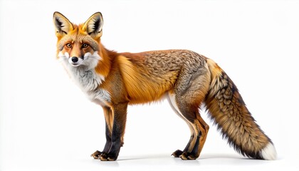 Fototapeta premium Full-length portrait of a beautiful red fox standing and looking directly at the camera. This elegant wild animal, Vulpes vulpes, is isolated on a pure white background with copy space.