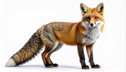 Obraz premium Stunning full-length portrait of a beautiful red fox, Vulpes vulpes, standing alert and looking at the camera. This elegant wild animal with fluffy fur is isolated on a clean white background.