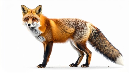 Fototapeta premium A beautiful red fox, Vulpes vulpes, stands alert and looks directly at the camera. This stunning wildlife portrait shows the animal's vibrant orange fur and bushy tail, isolated on a white background