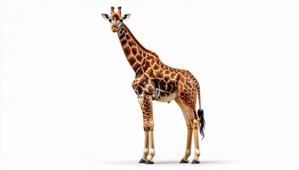 Obraz premium A full-length portrait of a majestic African giraffe, showing its distinctive spotted coat and long neck, standing gracefully and looking at the camera, isolated on a clean white background.
