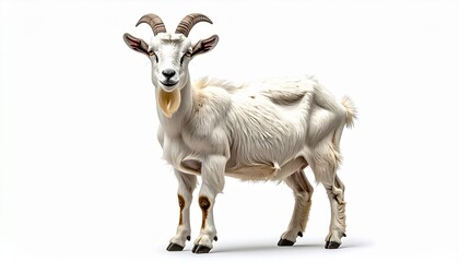 Obraz premium Full-body portrait of a majestic white goat with impressive horns and a goatee, standing proudly and looking directly at the camera. This farm animal is isolated on a clean white background.