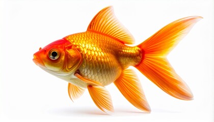 Fototapeta premium Beautiful vibrant orange goldfish swimming, captured in a detailed studio shot. This aquatic pet, a symbol of luck and prosperity, is isolated on a clean, bright white background. Close-up view.