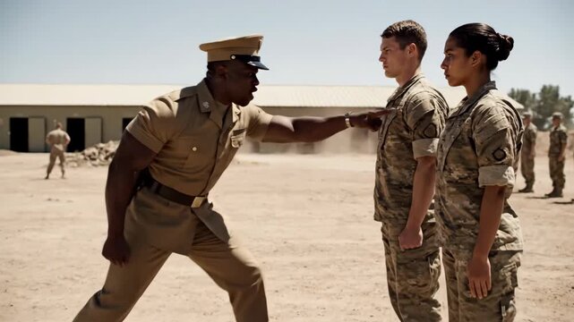 Black man drill sergeant shouts and points at caucasian man and woman in military uniform during desert training for discipline