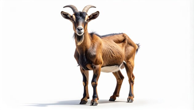 A full body portrait of a beautiful brown and black domestic goat standing and looking directly at the camera. This farm animal is isolated on a clean, bright white background with a shadow.