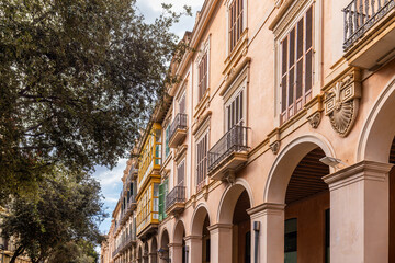 Fototapeta premium Facade of traditional townhouses in the historic centre of Palma, Majorca, Mallorca, Balearic Islands, Spain, Europe