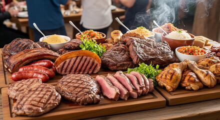 Obraz premium Brazilian barbecue assortment with multiple grilled meats, rustic presentation on wooden boards at an outdoor churrasco.