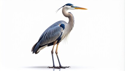 Obraz premium Full-length profile of a majestic Great Blue Heron (Ardea herodias) standing gracefully. This elegant wading bird with its long neck and sharp beak is isolated on a clean white background.