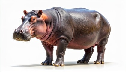 Obraz premium Full body shot of a large, realistic hippopotamus standing and looking to the side. This majestic African mammal is isolated on a clean, bright white background, showcasing its textured skin.