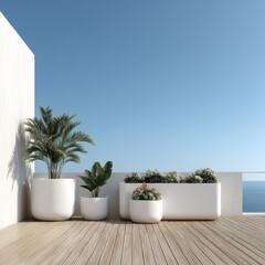 Obraz premium Modern white planters with green plants on wooden balcony, ocean view, minimal design, peaceful atmosphere, clear blue sky