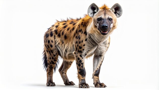 Full body portrait of a spotted hyena (Crocuta crocuta) standing and looking directly at the camera. This African predator is isolated on a clean white background, showcasing its unique coat.