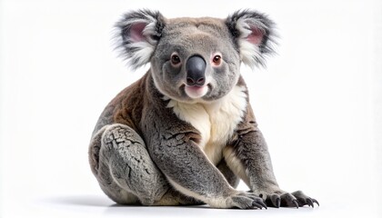 Fototapeta premium Full body shot of a cute Australian koala bear sitting and looking directly at the camera. Fluffy marsupial with gray fur and big ears, isolated on a clean white background studio shot.