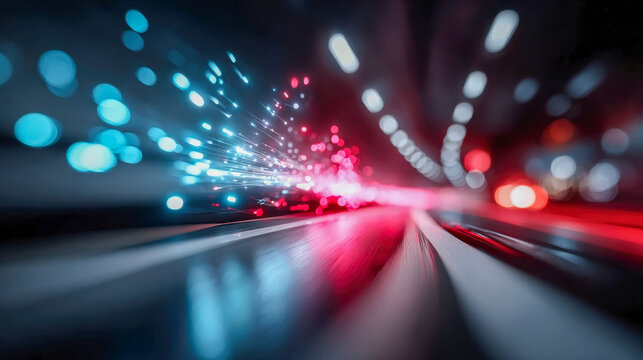 Futuristic glowing light tunnel with motion blur, symbolizing high-speed data transfer and digital acceleration